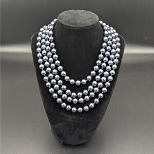 Vintage Gunmetal Gray Glass Pearl Necklace – 72” Long Knotted Strand